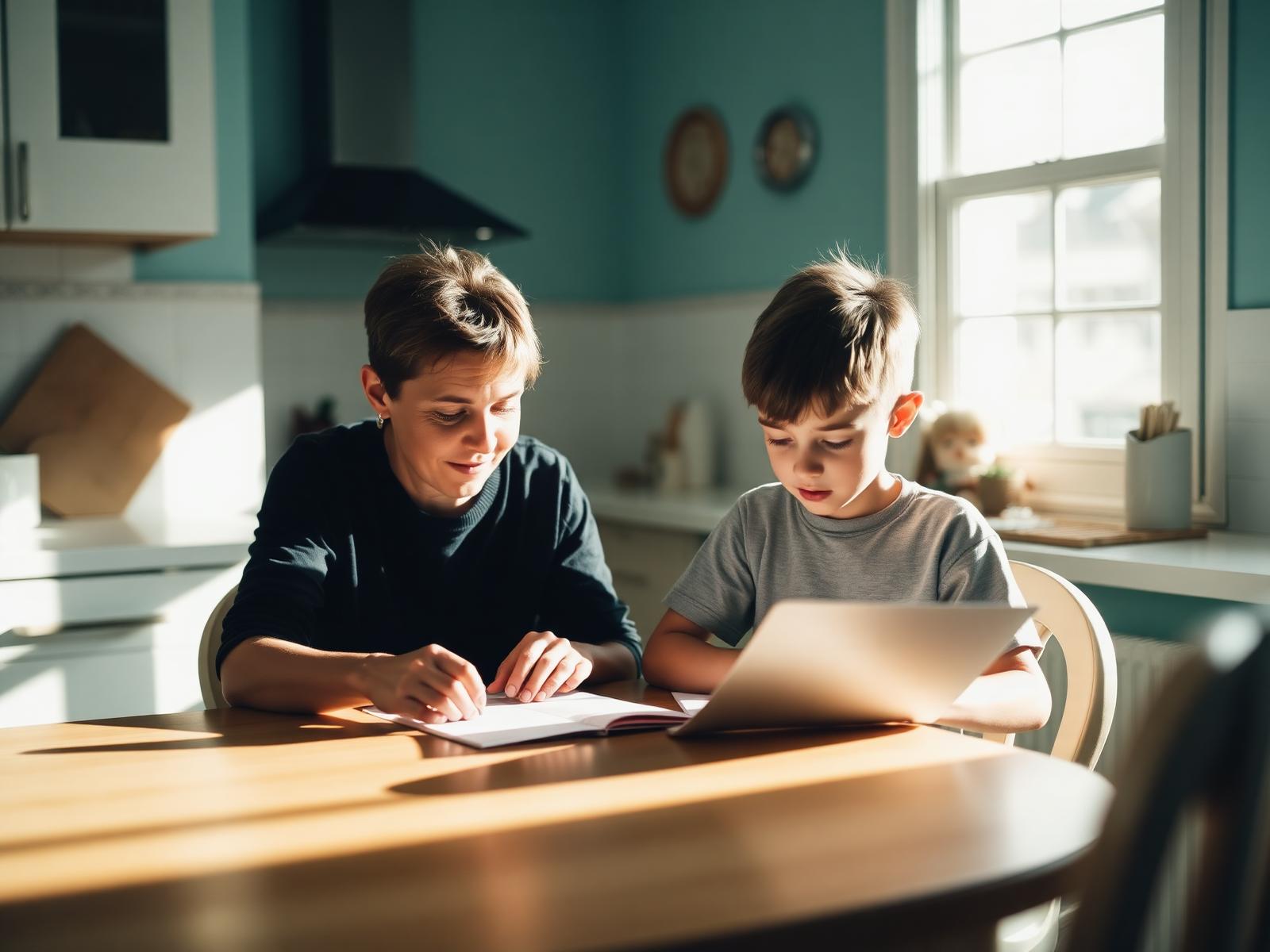 A parent and child reviewing school paperwork together at a kitchen table